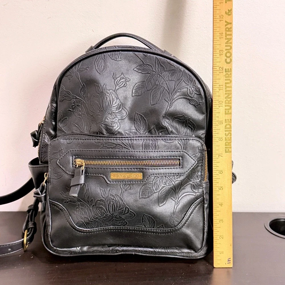 Frye and Co Black Floral Flower Embossed Faux Leather Dome Backpack Bag Western - Picture 9 of 10
